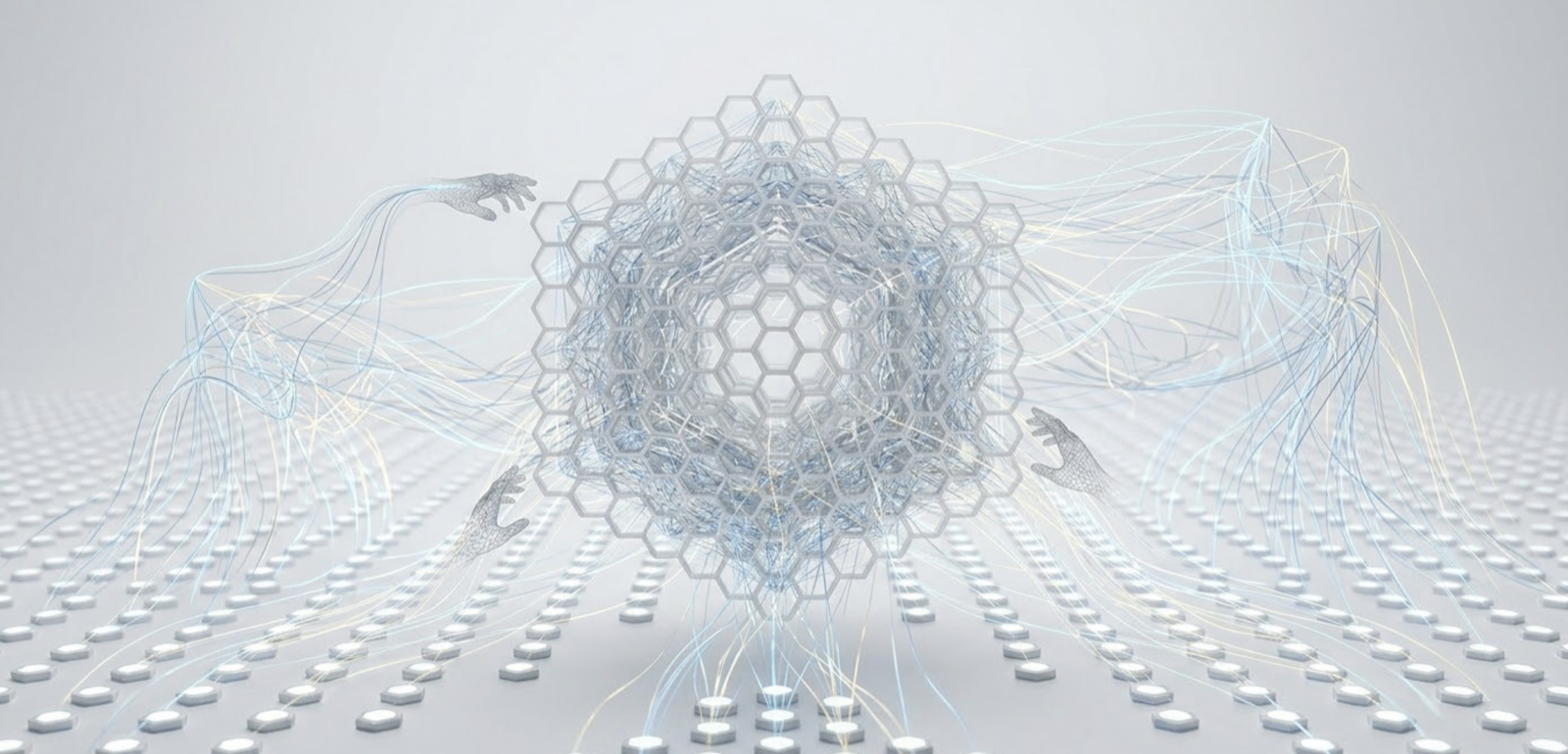 Abstract illustration of a hive mind with a hexagonal lattice and flowing network lines.